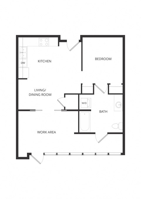 Floor plan for 1 bed, 1 bath, 697 sqft